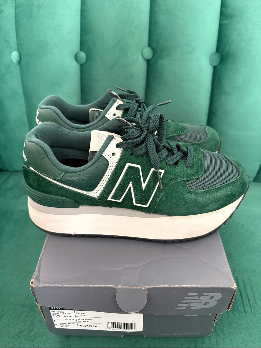New Balance Women’s 574+ Platform Sneaker - Dark Green/White - Picture 2 of 7